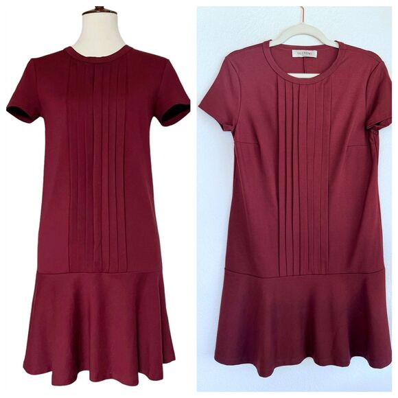 NWT RED Valentino Burgundy Dropped Waist Pleat Panel Short Sleeve Dress Medium